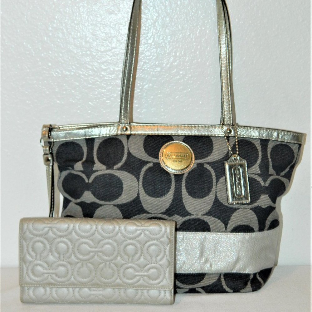 Coach Denim and Silver Zip Tote with Wallet